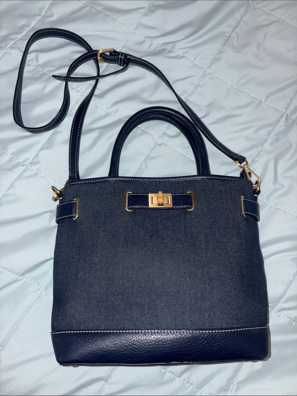Talbots Navy Denim and Navy Leather Crossbody Satchel with Gold Hardware